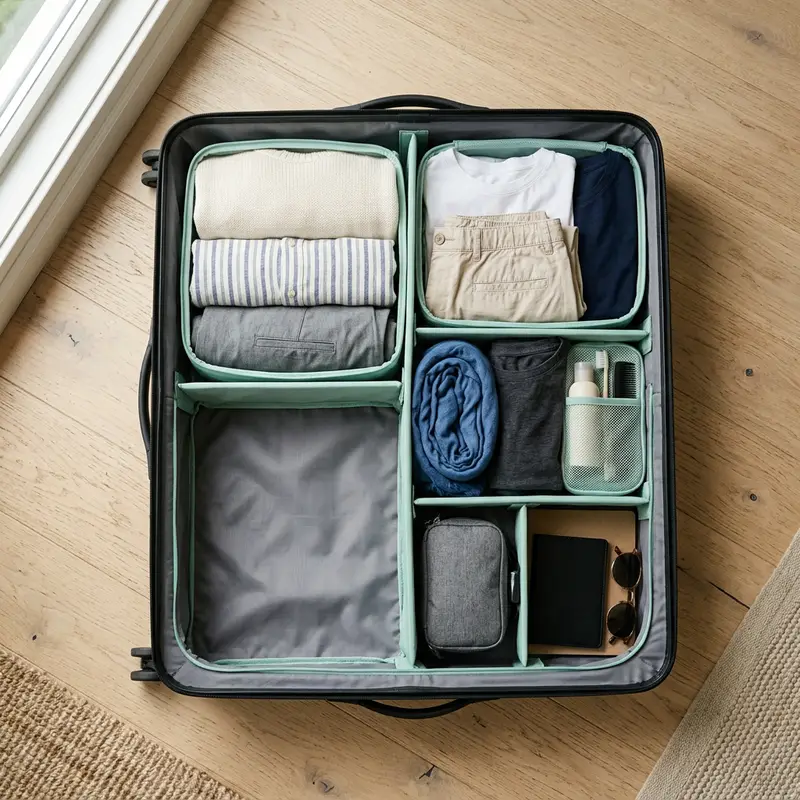 Image générée par IA : une valise ouverte et rangée, avec un compartiment vide.