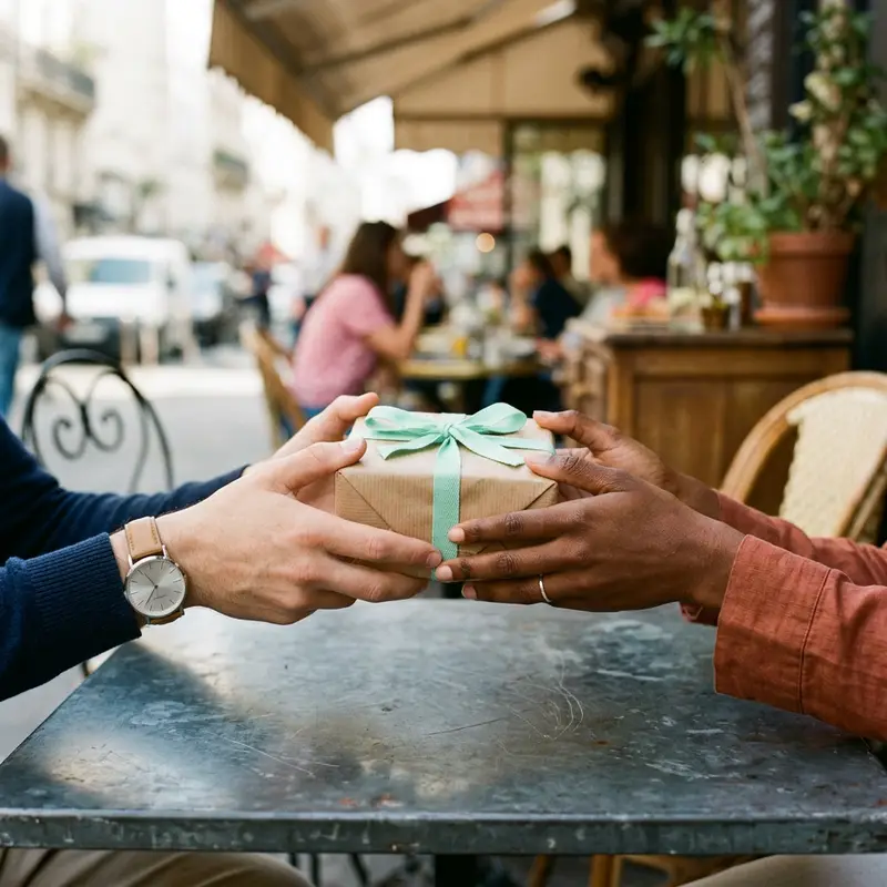 Image générée par IA : deux mains se passent un petit colis.