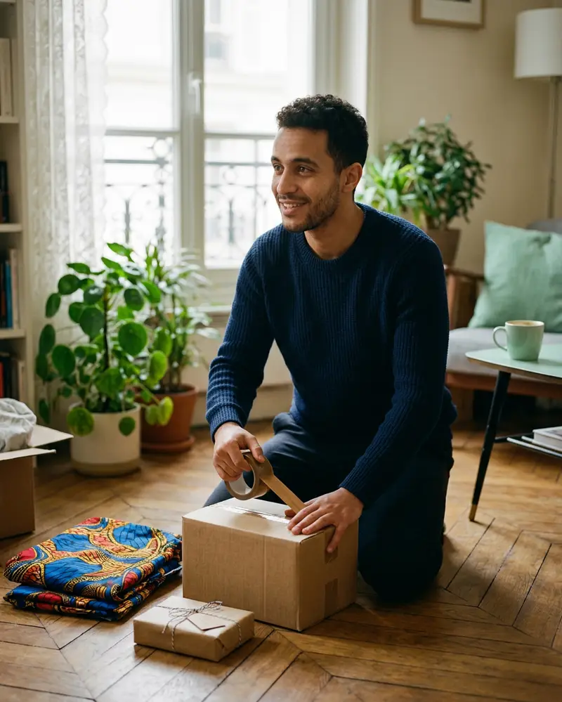 Image générée par IA : un expéditeur ferme un carton chez lui.